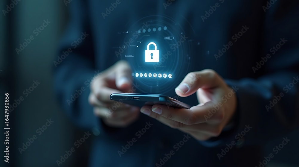 Poster person-using-smartphone-enter-password-secure-access-mobile-data-protection