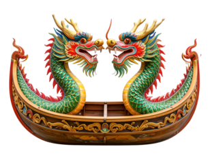  Front View of Traditional Dragon Boat with Dual Dragon Heads, Isolated on Transparent Background