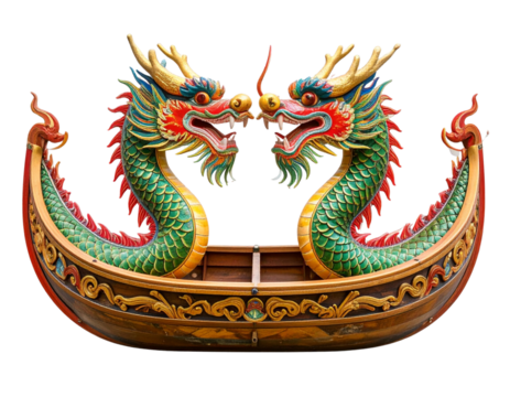  Front View of Traditional Dragon Boat with Dual Dragon Heads, Isolated on Transparent Background