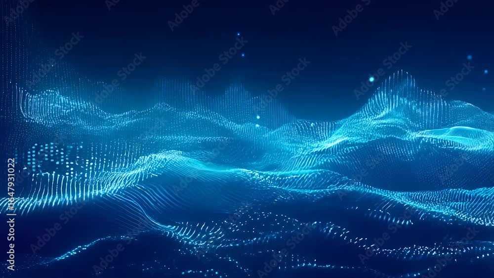 Poster abstract blue digital landscape with flowing particle waves, glowing dots, and dynamic technological