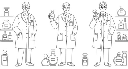 A dedicated chemist or perfumer meticulously develops and refines new fragrances in a professional laboratory, surrounded by elegant perfume bottles and essential equipment