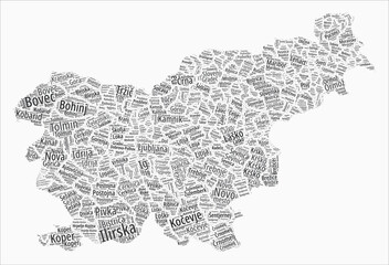 Slovenia Text Style Regions. Country region names word clouds in Slovenian language. Amazing vector illustration.