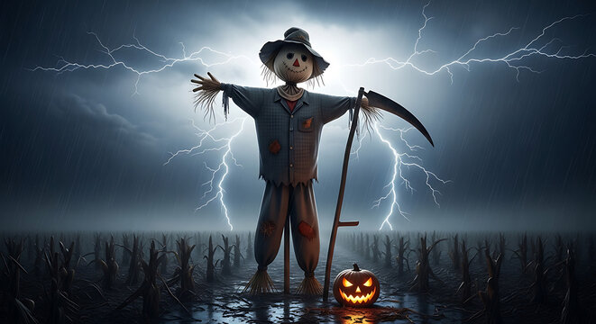 Scarecrow with scythe and jack-o'-lantern in stormy field