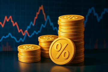 Golden Coins with Percentage Symbols and Financial Chart &ndash; Investment and Interest Rate Concept Illustration