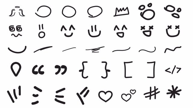 Pack of 37 interactive doodle animations with wiggle effect. Includes scribbles, symbols, and emojis on black, white, and transparent backgrounds. ProRes 4444 with alpha channel for easy use.