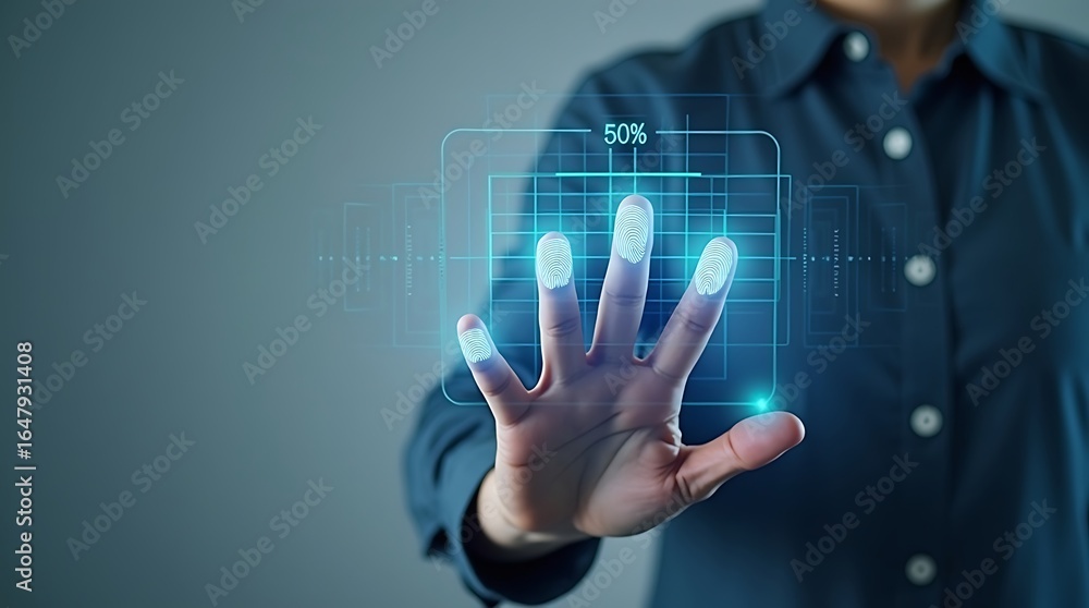 Poster fingerprint-identification-access-personal-data-man-scanning-fingerprint-virtual-screen