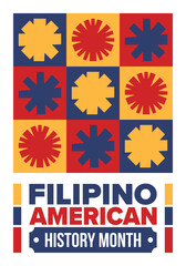 Filipino American History Month. Happy holiday celebrate annual in October. Filipinos and United States flag. Culture month. Patriotic design. Poster, card, banner, template. Vector illustration
