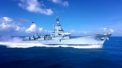 American naval battleship moving at high speed across blue ocean with white clouds, displaying military maritime strength. US flags visible on ship.