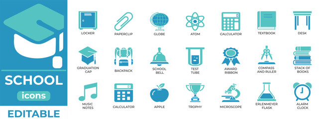 Modern school vector icons for education, learning, and teaching