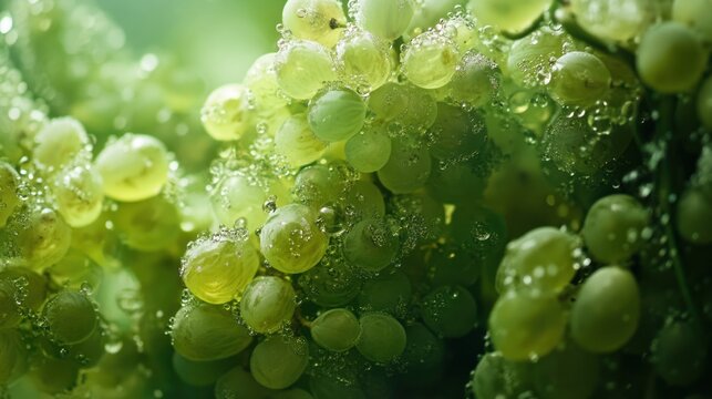 Fresh, dewy green grapes close-up with blurred vineyard background