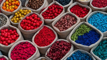 Fototapeta premium Colorful spice market with fabric sacks top view culinary diversity aromatic seasoning traditional exotic goods