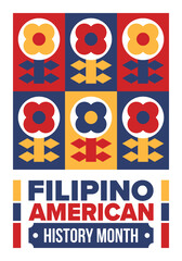 Filipino American History Month. Happy holiday celebrate annual in October. Filipinos and United States flag. Culture month. Patriotic design. Poster, card, banner, template. Vector illustration