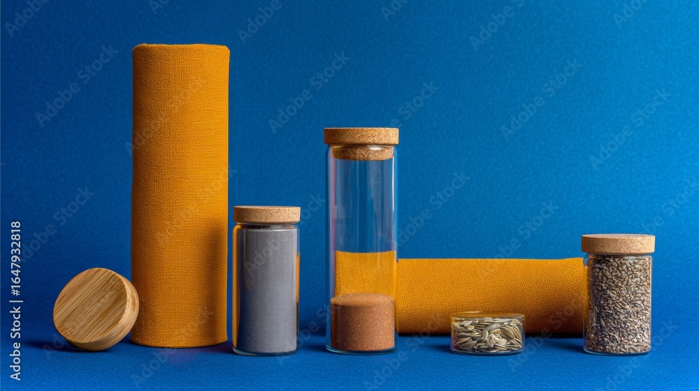 Aufkleber minimal blue background with cylindrical spice jars arranged neatly in composition of geometric food