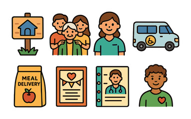 Elderly Care Icons. Flat vector mini-illustrations Support systems for aging in colors children's