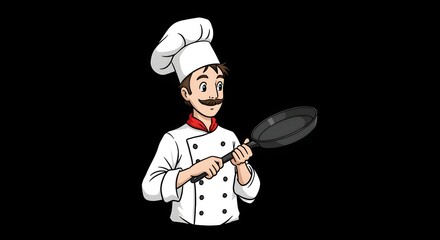 Cartoon chef wearing a white uniform and hat, holding a frying pan, ready to cook with a mustache