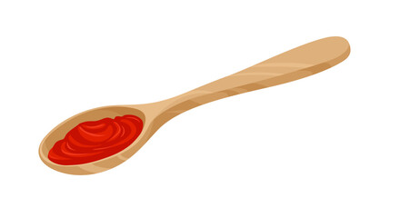 Red tomato sauce in wooden spoon isolated on white background. Vector cartoon flat illustration.