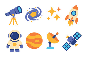 Obraz premium Space Exploration Icons. Flat vector mini-illustrations deep space research in colors children's illustrations