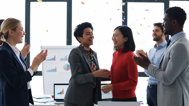 Business team celebrating success with high fives in the office, confetti falling around, radiating joy and excitement for their achievement