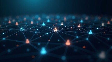 Network of interconnected nodes with orange and blue glowing elements