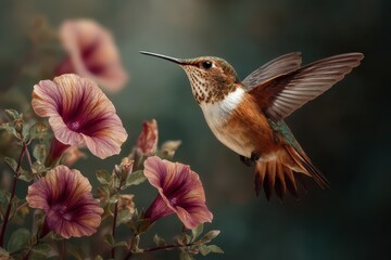 Fototapeta premium Hummingbird hovering near vibrant flowers in a lush garden during the golden hour, capturing nature's beauty and elegance