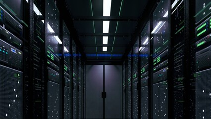 interior of a modern, high-tech data center or server room.