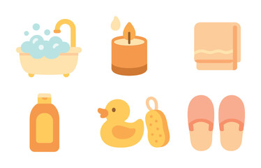 Children's Bath Essentials. Flat vector mini-illustrations relaxing bath ritual in colors children's
