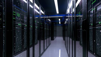 interior of a modern, high-tech data center or server room.