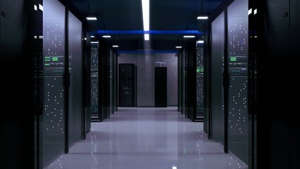 interior of a modern, high-tech data center or server room.