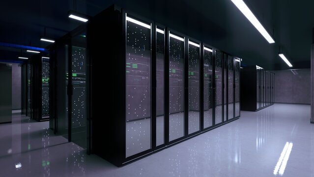 interior of a modern, high-tech data center or server room.
