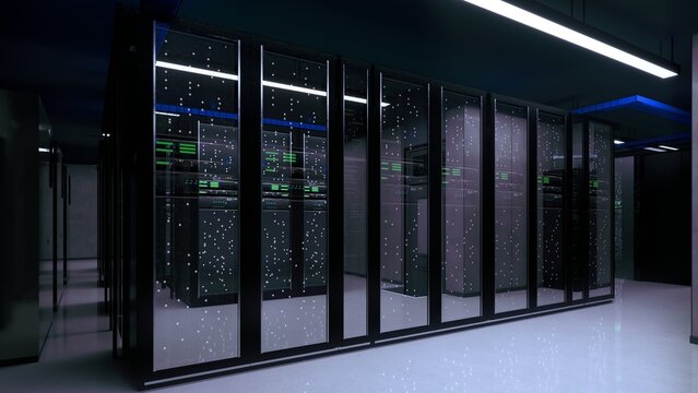 interior of a modern, high-tech data center or server room.