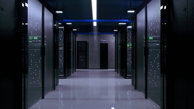interior of a modern, high-tech data center or server room.