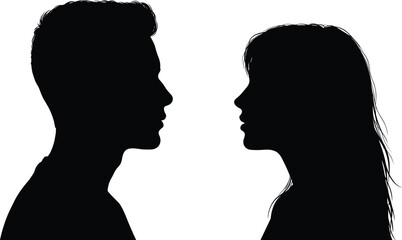Silhouette of man and woman facing each other, romantic couple profile vector, love relationship illustration, black and white minimal art