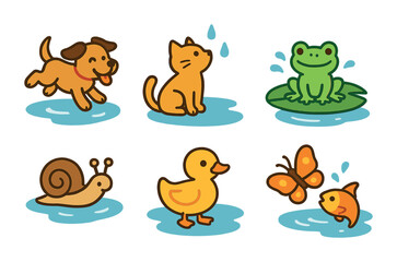Obraz premium Animal Puddle Playtime. Flat vector mini-illustrations animals in puddles in colors children's illustrations: