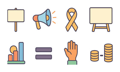 Wage Gap Icons Grid. Flat vector mini-illustrations wage gap awareness in colors children's illustrations: