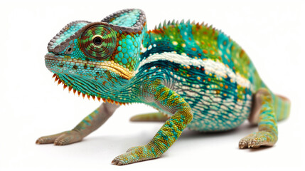 Obraz premium Colorful chameleon with vibrant green, blue, and orange patterned skin standing alert with textured scales on a clean white background.