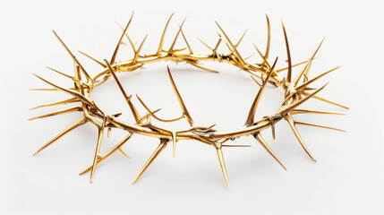 Fototapeta premium Crown of thorns crafted from sharp golden branches symbolizing sacrifice, pain, and Christianity on a clean white background.