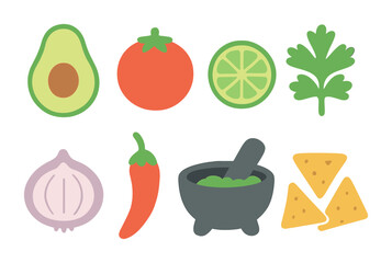 Guacamole and Salsa Icons. Flat vector mini-illustrations making a fresh guacamole and salsa for a gathering