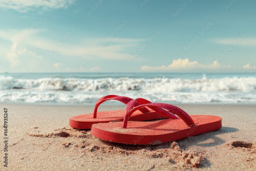 Wall mural pair of red flipflops resting on a sandy beach under a bright sun with gentle waves in the backgroun