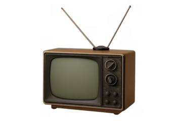 Vintage television set with rabbit ear antennas on transparent background