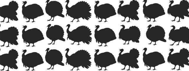 Turkey silhouettes vector seamless pattern, black turkey icons, Thanksgiving bird illustration, farm animal shapes, autumn holiday design background for seasonal projects