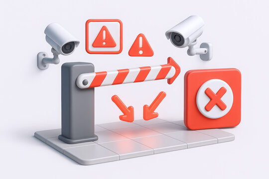 3D illustration of a security barrier with warning signs and surveillance cameras, conveying caution.
