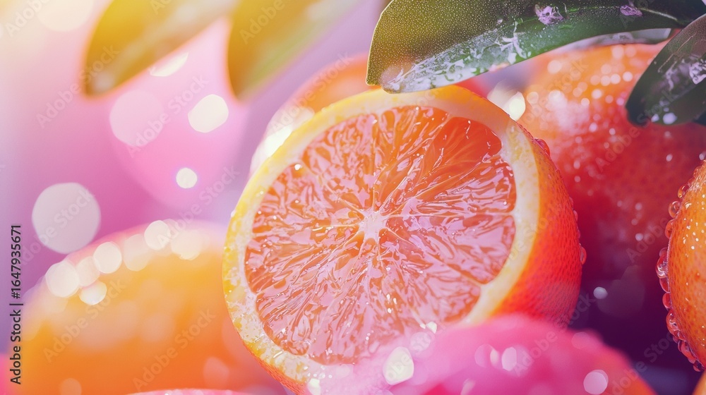 Poster close-up of sliced grapefruit with water splashes and vibrant background
