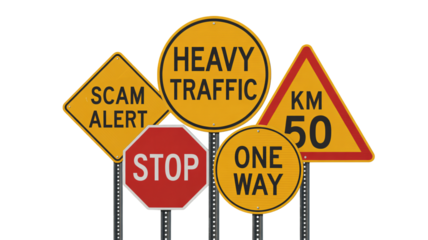 Warning signs alerts for road safety, directions, and traffic