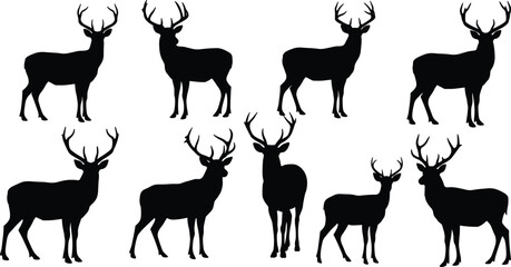 Set of eight deer and elk silhouettes with detailed antlers, ideal for wildlife, hunting, forest nature, and animal vector designs