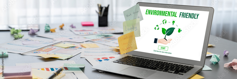 Poster sticky note for creative and analytic brainstorm for business idea with bi data dashboard on laptop 