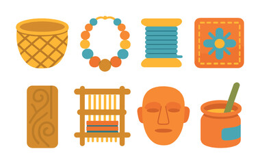 Heritage Craft Icons. Flat vector mini-illustrations Celebrating heritage through crafts in colors children's