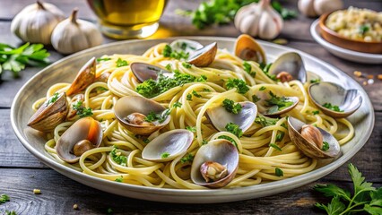 Linguine alle Vongole Veraci – clams, garlic butter, parsley, white wine broth, coastal Italian mood