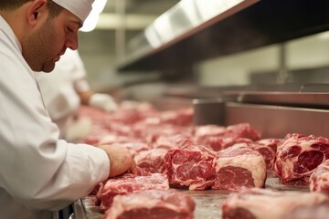 A Skilled Chef Preparing Premium Cuts of Meat in a Modern Kitchen, Highlighting the Art of Butchery and Culinary Craftsmanship in Food Service