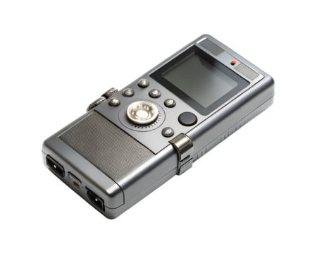 Portable digital audio voice recorder for sound and music capture, isolated on transparent background