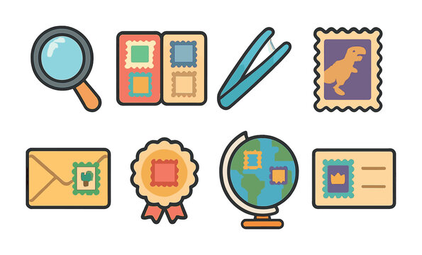 Children's Stamp Collecting Icons. Flat vector mini-illustrations Stamp collecting hobby in colors children's